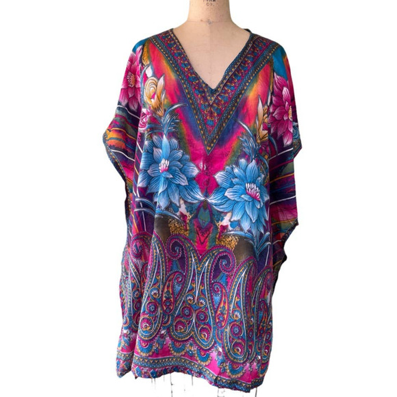 Womens Kaftan House Dress Floral Multicolor Batwing Sleeve V-Neckline - Picture 1 of 7